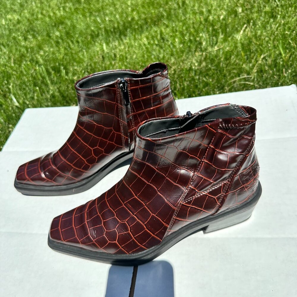 Franco Sarto Burgundy Croc-Embossed Ankle Boots